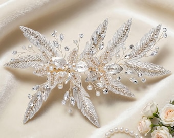Presilha de cabelo de noiva com folha de prata e pérola, acessório de cabelo de casamento com cristais