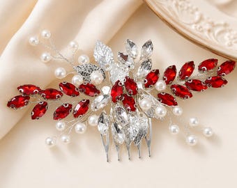 Bridal Hair Comb One Silver Red Crystal Pearl Leaf Wedding Headpiece Bride Updo Accessory