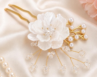 Bridal Hair Pin One Gold White Flower Pearl Crystal Wedding Headpiece Bride Updo Accessory