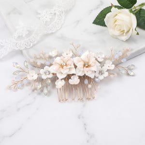 Blush Floral Wedding Comb, Opal Crystal Headpiece, Gold Bridal Hair Accessory
