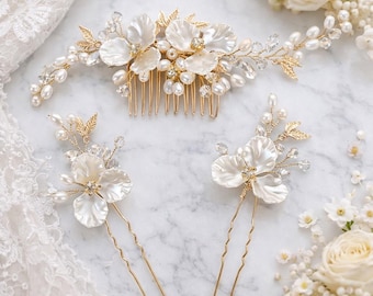 Bridal Hair Comb, Pearl Wedding Gold Floral Headpiece, Bride Hair Piece, Romantic Bridal Hair Vine