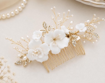 White Floral Bridal Hair Comb, Gold Pearl Wedding Headpiece with Crystal Leaves