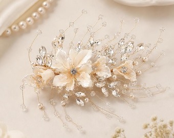 Gold Crystal Floral Bridal Hair Vine Pearl Wedding Headpiece Boho Bride Accessory