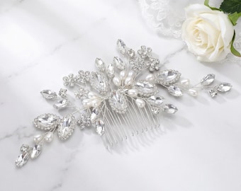 Silver Crystal Wedding Comb, Pearl Bridal Headpiece, Elegant Rhinestone Hair Piece