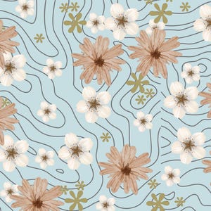 Könnte beinhalten: Ein sich wiederholendes Muster mit stilisierten Blumen in Braun-, Weiß- und Olivgrüntönen auf hellblauem Hintergrund. Das Design umfasst Konturlinien, die einen geschichteten Effekt erzeugen. Die floralen Elemente variieren in der Größe.