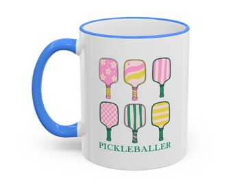Pickleball Paddles Pattern Mug | Accent Rim & Handle Coffee Cup