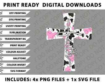 Love In Faith Christians Animal Cow Print Cross Png Bundle, Digital Downloads