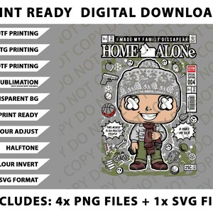 May include: Digital download graphic featuring a cartoon character from the movie "Home Alone." The character wears a winter hat and scarf. The image includes text and icons, such as a gun, basketball, and bicycle. The image is print-ready.
