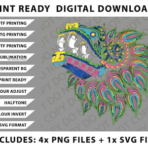 May include: Digital download graphic featuring a colorful, stylized serpent head with intricate patterns in blue, green, pink, and yellow. Text includes "Print Ready Digital Downloads" and options for various printing methods.