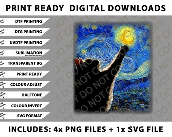 Van Gogh-sterrennachtkat - klassieke pasvorm, kattenliefhebber cadeau, zwarte ronde hals png-bundel, digitale downloads
