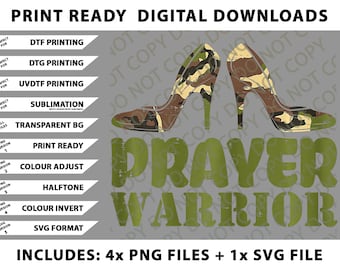 Camo Heels Prayer Warrior Faith God Jesus Christian Women Png Bundle, Digital Downloads