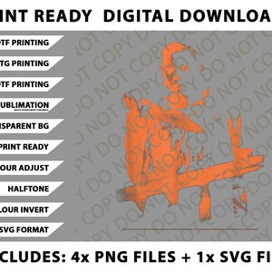 May include: Digital download graphic with the text "PRINT READY DIGITAL DOWNLOADS". The image includes a stylized orange illustration of a person sitting in a chair. The image also includes text for DTF, DTG, UVDTF printing, sublimation, and other file options.