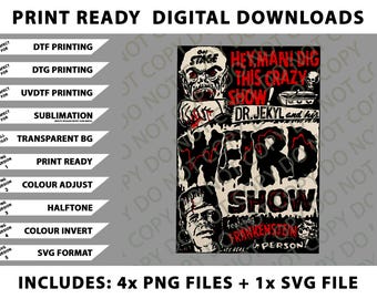 Horrorfilm monster vintage Halloween Frankenstein png-bundel, digitale downloads