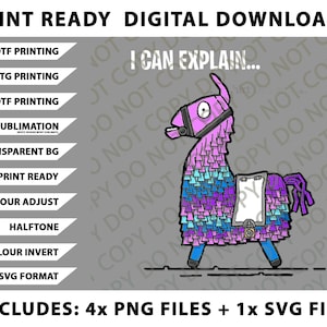 May include: Digital download featuring a colorful llama pinata design with the text "I can explain..." and various print-ready options. Includes 4 PNG files and 1 SVG file.