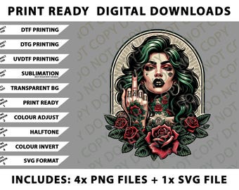 Goth Girl Middle Finger Tattooed Roses Edgy Streetwear Fashion Png Bundle, Digital Downloads