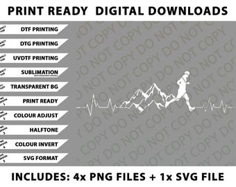 Trail Running Heartbeat Ultra Runner Mountain Sport Activity Png Bundle, Digital Downloads