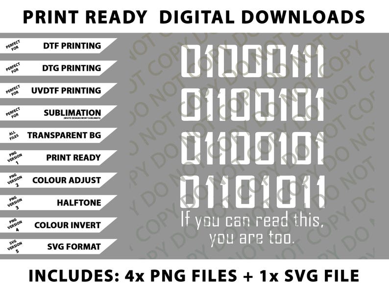 Op de afbeelding: Grafische elementen voor digitale downloads. De afbeelding bevat tekst, waaronder "Print Ready Digital Downloads" en binaire code. Bevat 4 PNG-bestanden en 1 SVG-bestand. De tekst "If you can read this, you are too" is ook aanwezig.