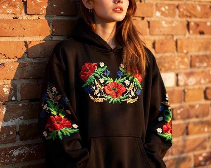 Embroidered Floral Hoodie, Sporty Style