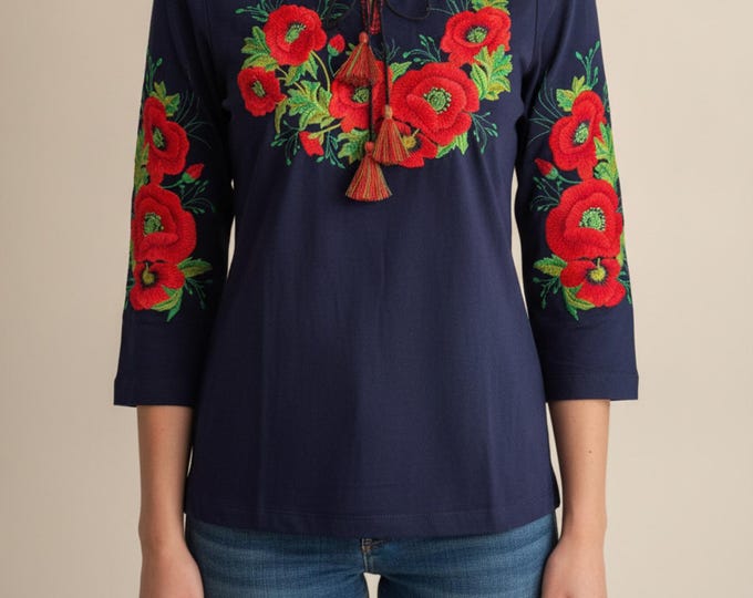 Ukrainian Embroidered Poppy Style Long-sleeve