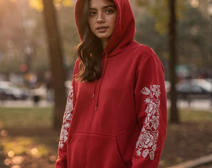 Red Hoodie with White Rose Sleeve Embroidery – Floral Print Sweatshirt