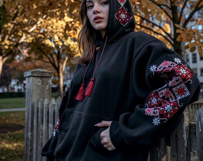 Hoodie with embroidery on the sleeves and hood.