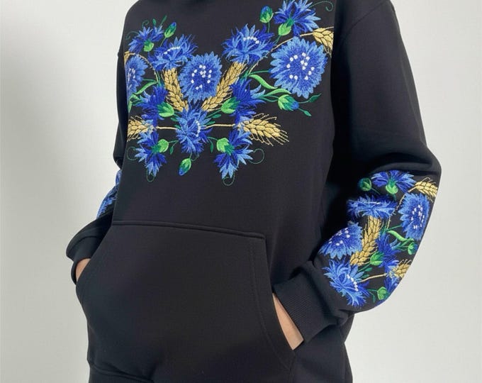 Hoodie with embroidery on the sleeves. Ukrainian wheat. Cornflowers. Floral hoodie.