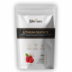 May include: A white pouch with the brand name "Bilo kaux" and the text "LITHIUM ORATATE". The pouch features a raspberry graphic and icons for calm mood, mental clarity, and brain health. It contains 5mg, 90 individually wrapped gummies, and is a dietary supplement.
