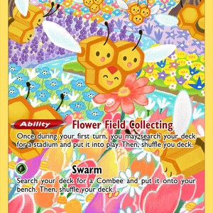 May include: A Combee trading card featuring multiple yellow, honeycomb-shaped creatures with wings flying over a vibrant field of colorful flowers. The card displays the text Combee, 30 HP, Ability Flower Field Collecting, and Swarm, with a grassy energy symbol.