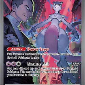 May include: A Team Rocket's Mewtwo ex trading card with 280 HP. The card features a purple Mewtwo and a human character against a dark, industrial city background. It lists the Power Saver ability and Erasure Ball attack with 160+ damage.