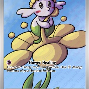May include: A Flabébé trading card featuring a purple creature with a yellow crown sitting on a large yellow flower. The card displays the text Flabébé, 40 HP, and the move Flower Healing, which requires discarding an energy to heal 80 damage.