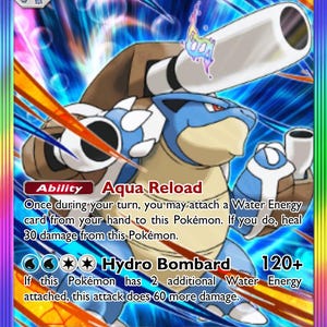 Puede incluir: Una carta coleccionable Mega Blastoise EX con 220 HP, que muestra una criatura azul similar a una tortuga con cañones grandes. La carta presenta el texto de la habilidad Aqua Reload y el ataque Hydro Bombard sobre un fondo con borde arcoíris.