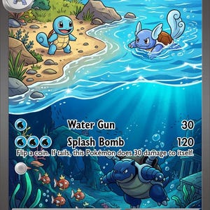 May include: A Mega Blastoise EX trading card featuring a split-view illustration of a sandy beach with a Squirtle and Wartortle above water, and a Blastoise swimming underwater among coral and small fish. The card displays 325 HP, Water Gun, and Splash Bomb.