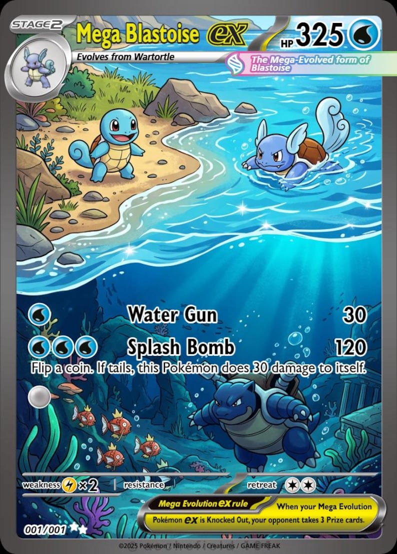 K&ouml;nnte beinhalten: Eine Mega Turtok EX Sammelkarte mit einer geteilten Illustration von einem Strand mit Schiggy und Schillok &uuml;ber Wasser und einem Turtok, das unter Wasser zwischen Korallen und kleinen Fischen schwimmt. Die Karte zeigt 325 KP, Aquaknarre und Splash Bomb.