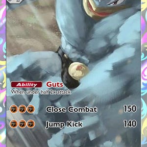 Könnte beinhalten: Eine Machamp-Sammelkarte mit einem blauen, muskulösen Charakter mit vier Armen. Die Karte zeigt 160 KP, eine Guts-Fähigkeit und zwei Angriffe: Nahkampf mit 150 Schaden und Sprungkick mit 140 Schaden sowie ein Kampf-Typ-Symbol und Schwäche.