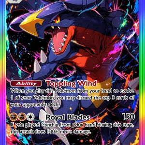 Könnte beinhalten: Eine Garchomp ex Sammelkarte mit 240 KP, die ein dunkelblaues und rotes Wesen mit einem gelben Stern auf dem Kopf zeigt. Die Karte enthält den Text zur Fähigkeit Toppling Wind und zur Attacke Royal Blades, umrandet von einem Regenbogen.