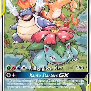 May include: A Charizard, Blastoise, and Venusaur Tag Team GX trading card with 300 HP. The card features the three creatures in a landscape, the Unison Nova Blast attack, and the Kanto Starters GX ability text. It is numbered 7/85 and dated 2017.