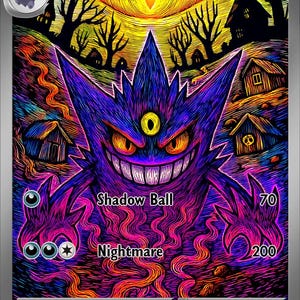 Puede incluir: Una carta coleccionable Mega Gengar EX con 310 HP, que muestra una criatura morada y puntiaguda con un tercer ojo en la frente. El fondo muestra un paisaje oscuro y estilizado con un gran ojo amarillo en el cielo, casas pequeñas y árboles. El texto incluye Shadow Ball, Nightmare y Pokémon EX rule.