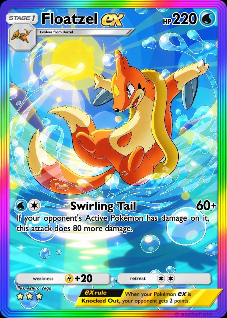 Peut inclure: Une carte &agrave; collectionner Floatzel ex repr&eacute;sentant une cr&eacute;ature orange ressemblant &agrave; une loutre avec un sac de flottaison jaune autour du cou, sautant dans l'eau bleue avec des bulles et un soleil brillant. La carte affiche du texte, 220 PV.