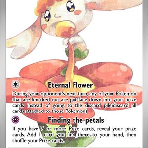 May include: A Flabébé trading card featuring a watercolor-style illustration of the creature holding a yellow flower. The card displays 30 HP, a psychic energy symbol, and the attacks Eternal Flower and Finding the petals with descriptive text.