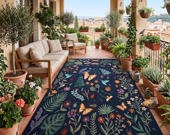 Grande tappeto botanico trapuntato a mano – Verde acqua scuro con farfalle, colibrì e foglie di Monstera