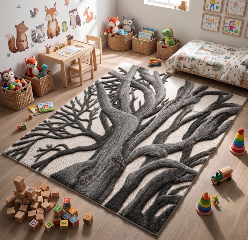 Buy 3D Textured Tree Rug, Hand-tufted Monochrome Woodland Carpet ...