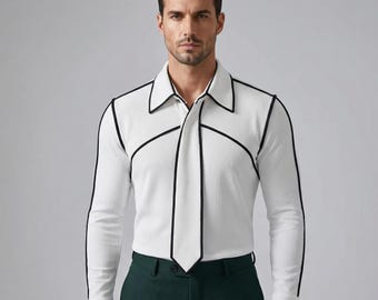 Elegant Men Textured Knit Shirt | Contrast Line Long Sleeve Pullover | Slim Fit Casual Dress Shirt