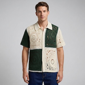 May include: A short-sleeved crochet shirt with a cream-coloured collar and a button-down front. The shirt features a patchwork design with alternating cream and dark green squares, each with a circular pattern.