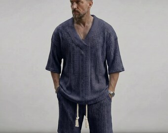 Minimal Men’s Knit Summer Set | V Neck Textured Shirt & Shorts | Casual Two Piece Outfit