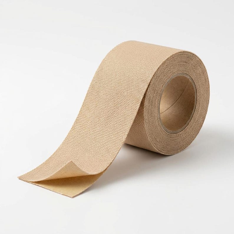 Pu&ograve; includere: Rotolo di nastro adesivo beige per atleti, srotolato per mostrare il lato adesivo. Il nastro ha una trama tessuta, progettato per lo sport e la fisioterapia. Sfondo bianco.