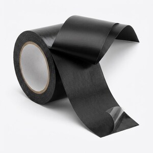 Pu&ograve; includere: Un rotolo di nastro adesivo nero con una sezione parzialmente staccata, che rivela l'adesivo. Il nastro &egrave; di colore nero opaco e sembra essere fatto di un materiale resistente simile al tessuto. Il rotolo &egrave; su sfondo bianco.
