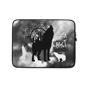 May include: A rectangular laptop sleeve featuring a black and white cloudy background. The design includes a large black wolf silhouette, a smaller white wolf silhouette, a geometric pattern, and the text PACK PACT in a stylized white font.