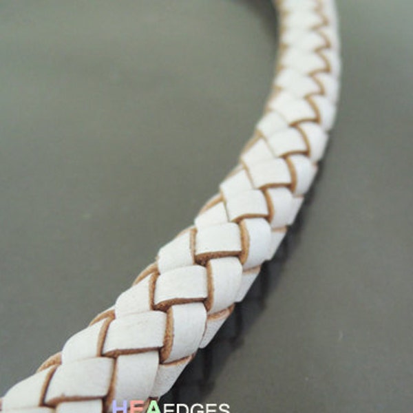 Leather Cord 9mm - White Round Braided Bolo Genuine Leather Cord ( Hole Inside )