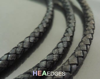 Leather Cord 5mm - Antique Black Braided Bolo Genuine Leather Cord ( Hole Inside )