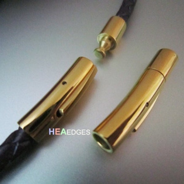 1 Set Goldverschluss 4mm - Edelstahl Verschluss Lederkordel Endkappe offen Verbinder 28mm x 6mm (Innen 4mm Durchmesser)